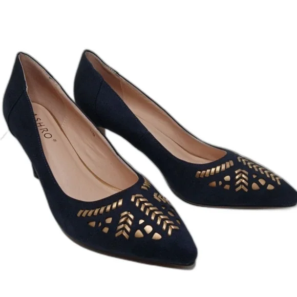 NEW Ashro Pumps Pointed Toe Blue Heels with  Cutouts & Woven Gold Design Sz 11 - Picture 4 of 7